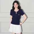 Womens Lightweight Knit VNeck Short Sleeve Tee With Cable Knit Fitted