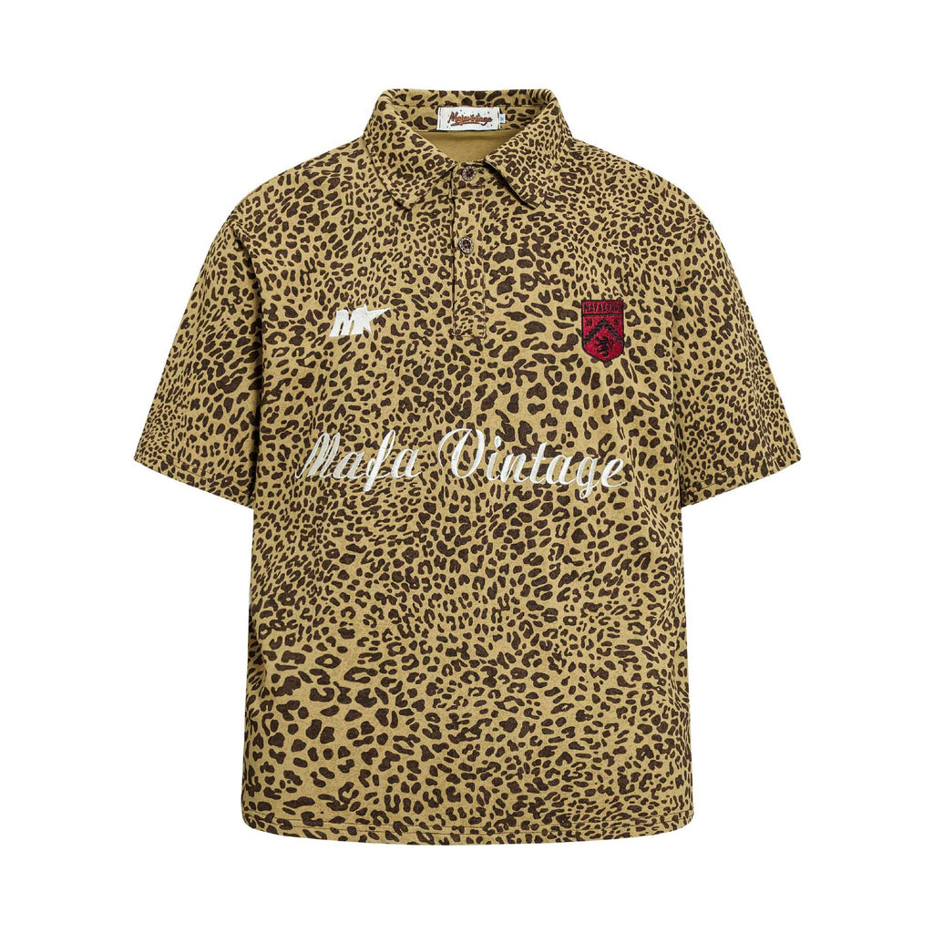 Leopard Print Badge Embroidered Short Sleeve Shirt For Men Cotton Blend Casual