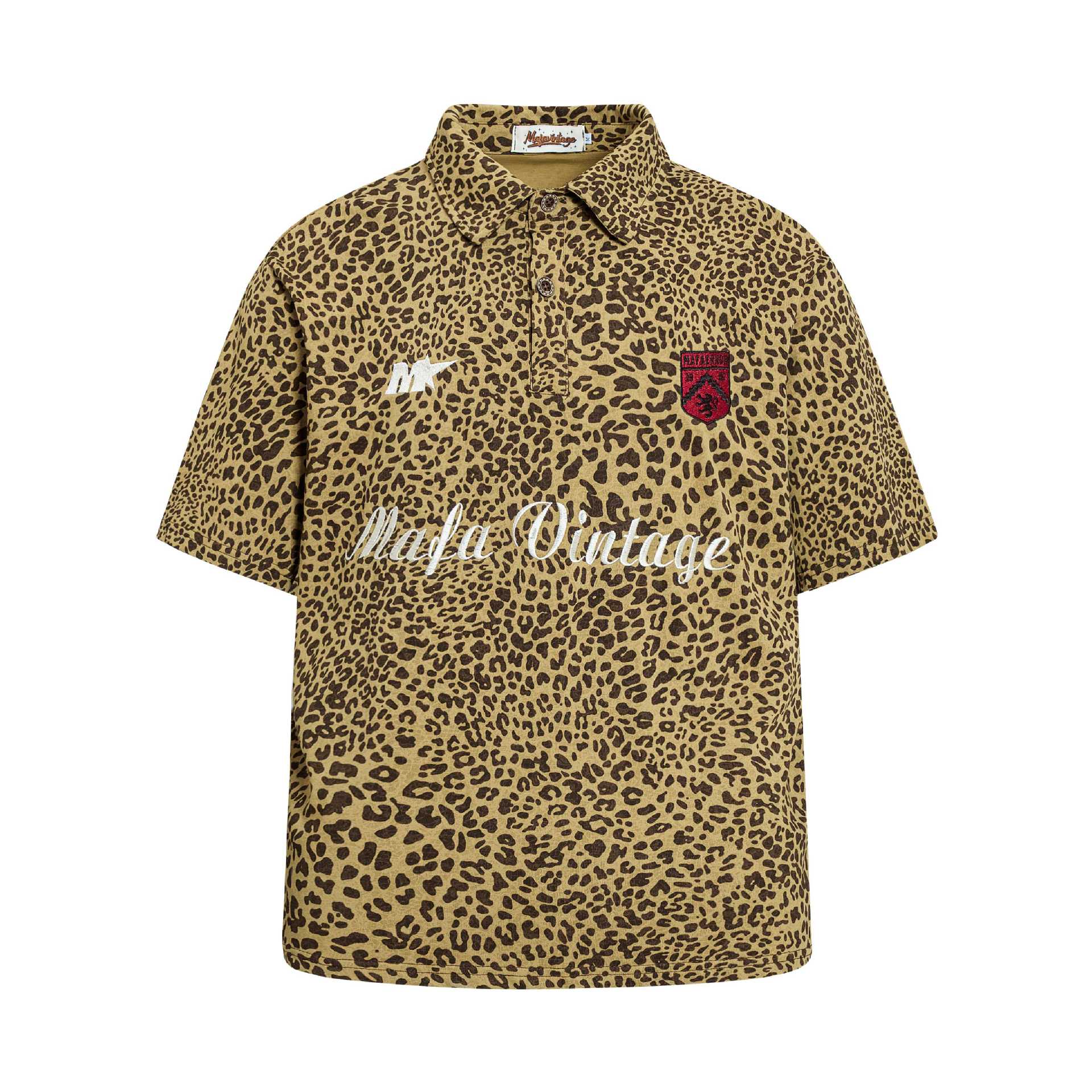 Leopard Print Badge Embroidered Short Sleeve Shirt For Men Cotton Blend Casual