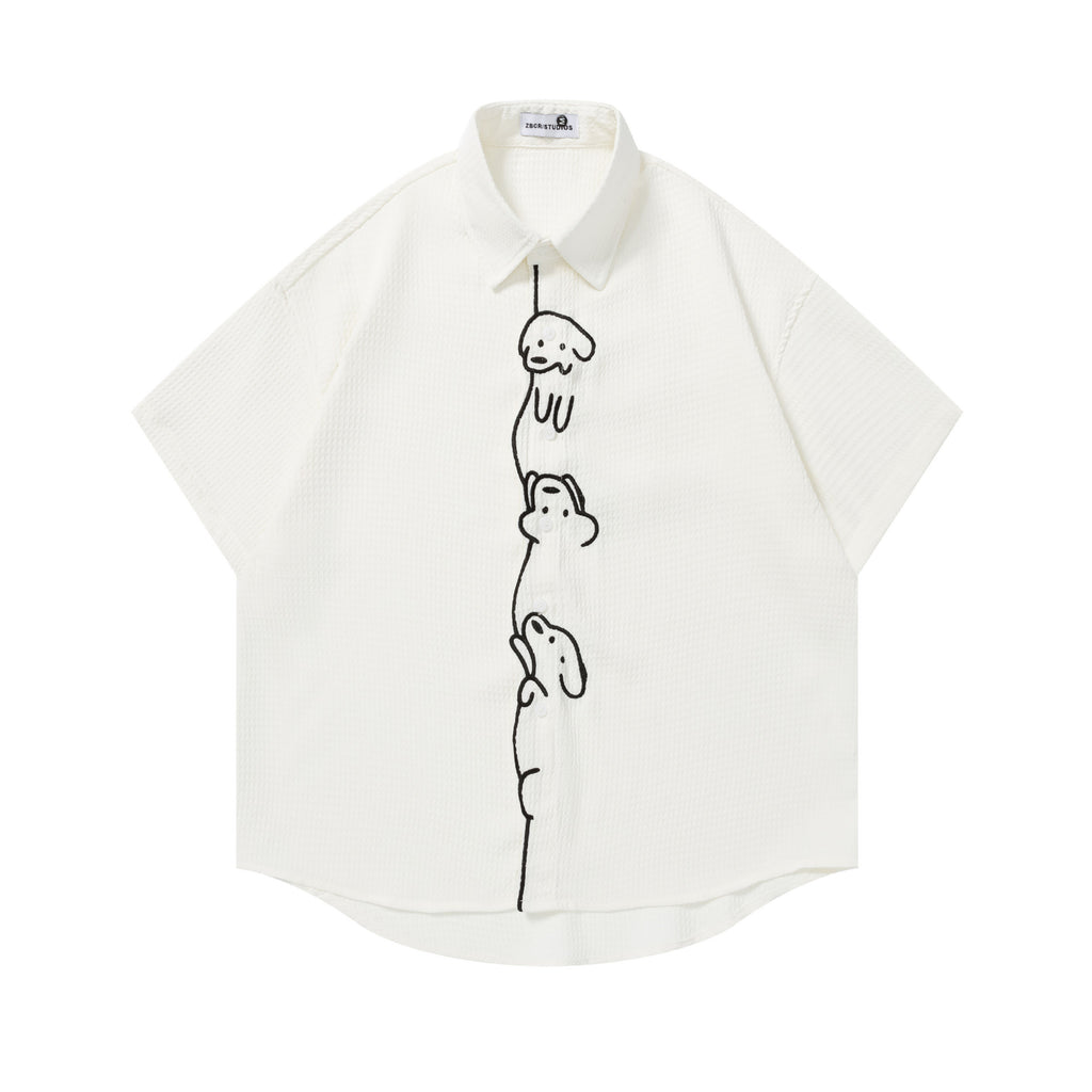 Cute Dog Embroidered Short Sleeve Shirt Cotton Blend National Trend Pattern