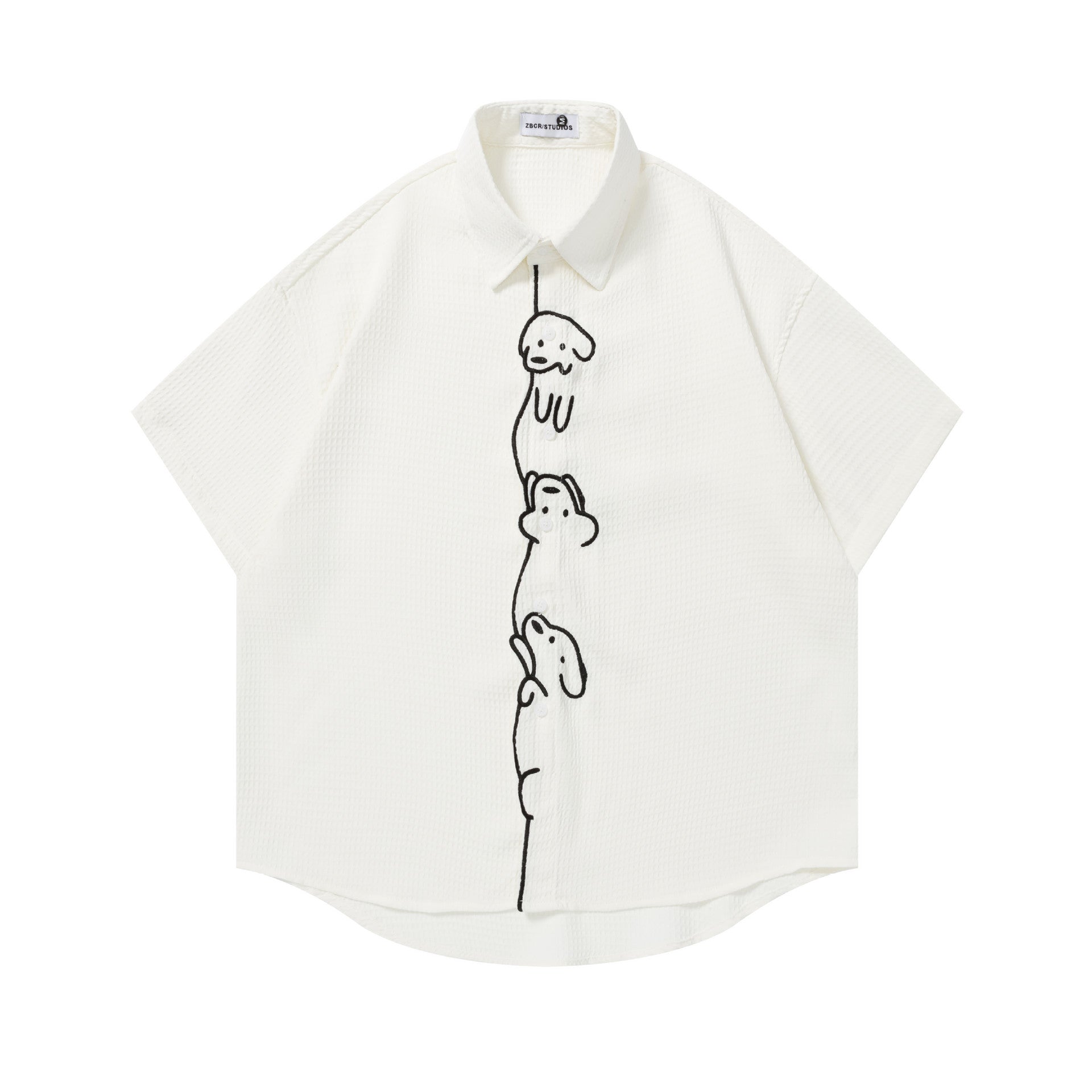 Cute Dog Embroidered Short Sleeve Shirt Cotton Blend National Trend Pattern