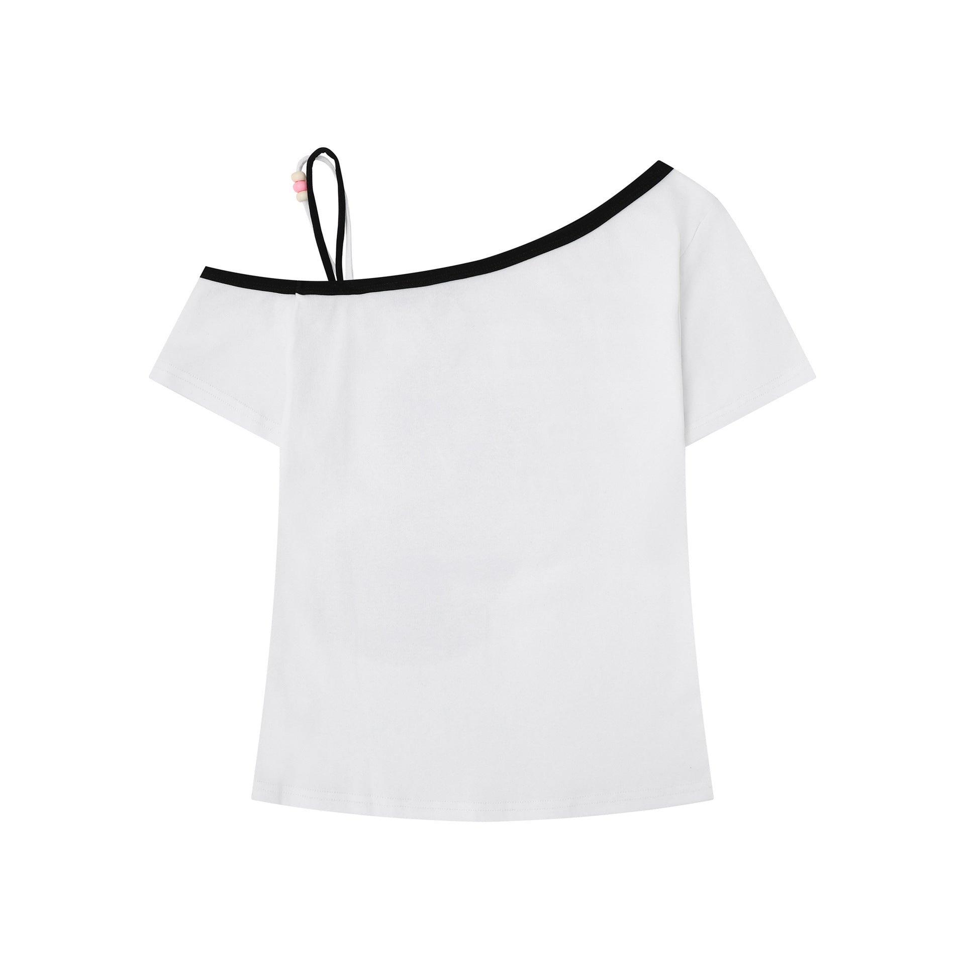 Sexy Cat Print Asymmetrical Shoulder T Shirt With Beaded Straps For Women