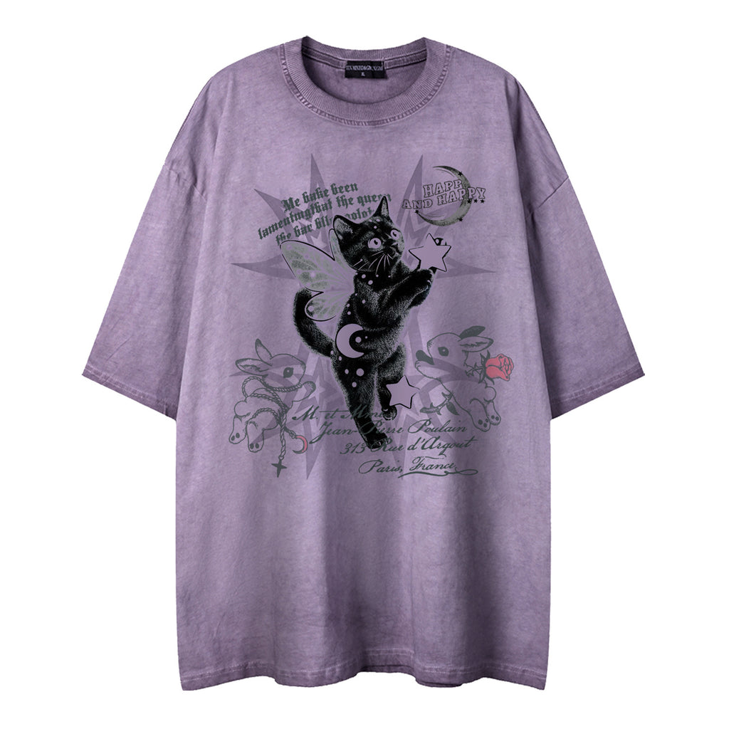 Mens Dreamy Black Cat Print Short Sleeve Cotton Shirt Casual Wear