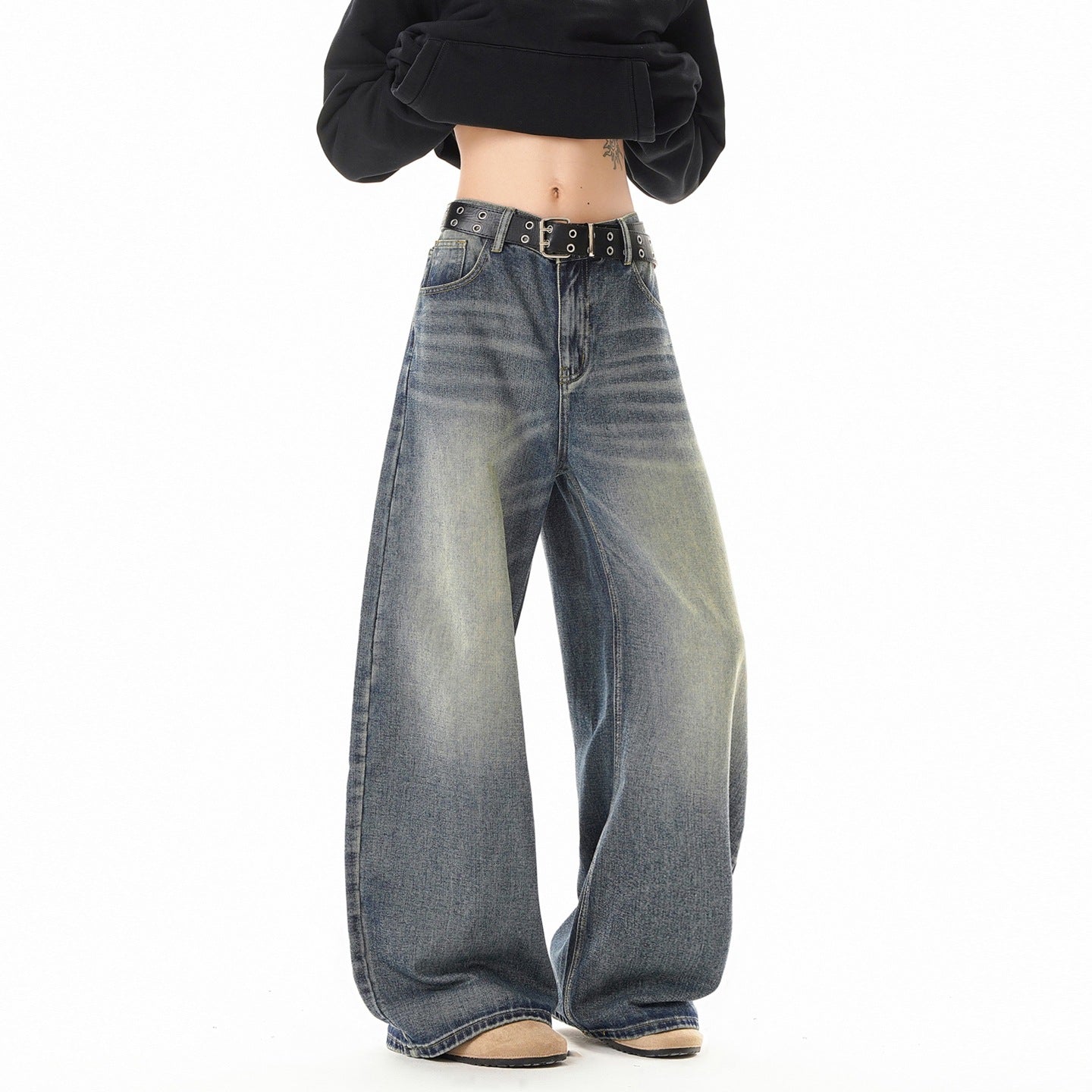 Texture Washed Knife Edge Denim Pants For Men Loose Fit