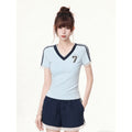 Women Color Block Lace Splice V Neck Short Sleeve Cotton Tee