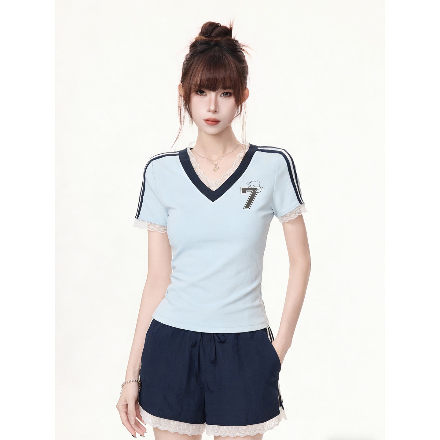 Women Color Block Lace Splice V Neck Short Sleeve Cotton Tee