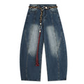 Retro Street Style Denim Long Pants Mid Waist Loose Fit Blue Cotton