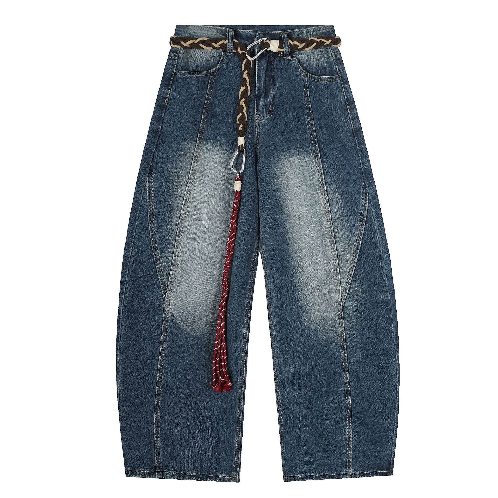 Retro Street Style Denim Long Pants Mid Waist Loose Fit Blue Cotton