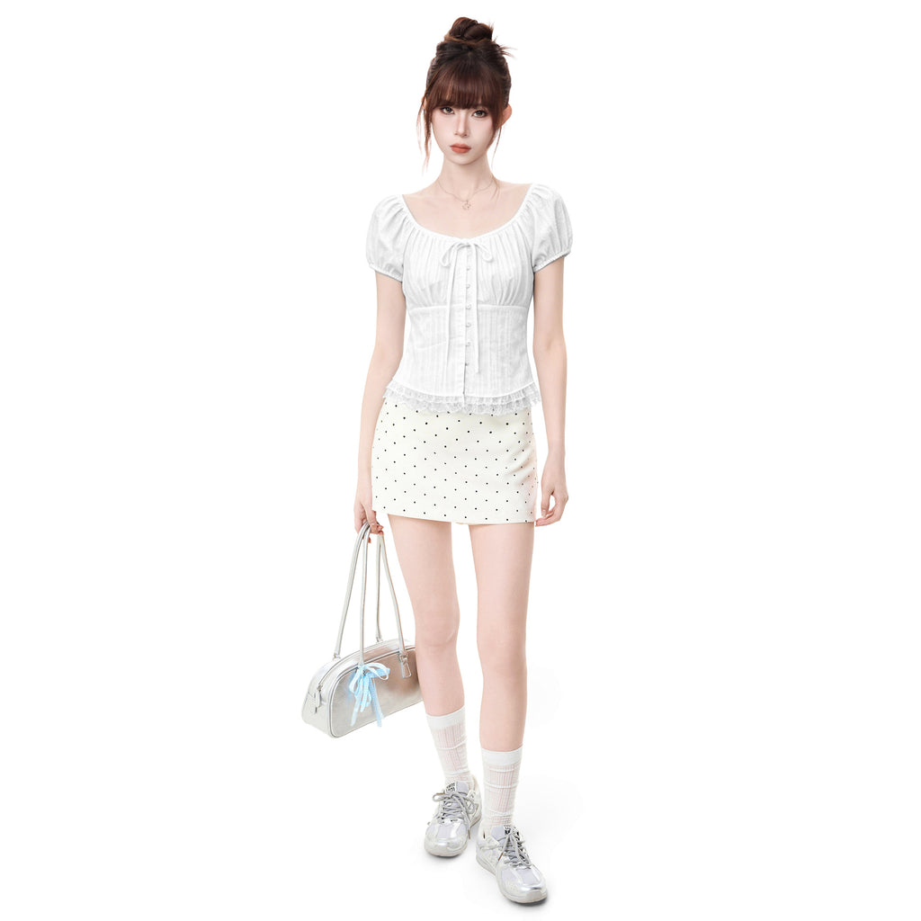 Lace Trim Off The Shoulder Blouse With Puff Sleeves For Women