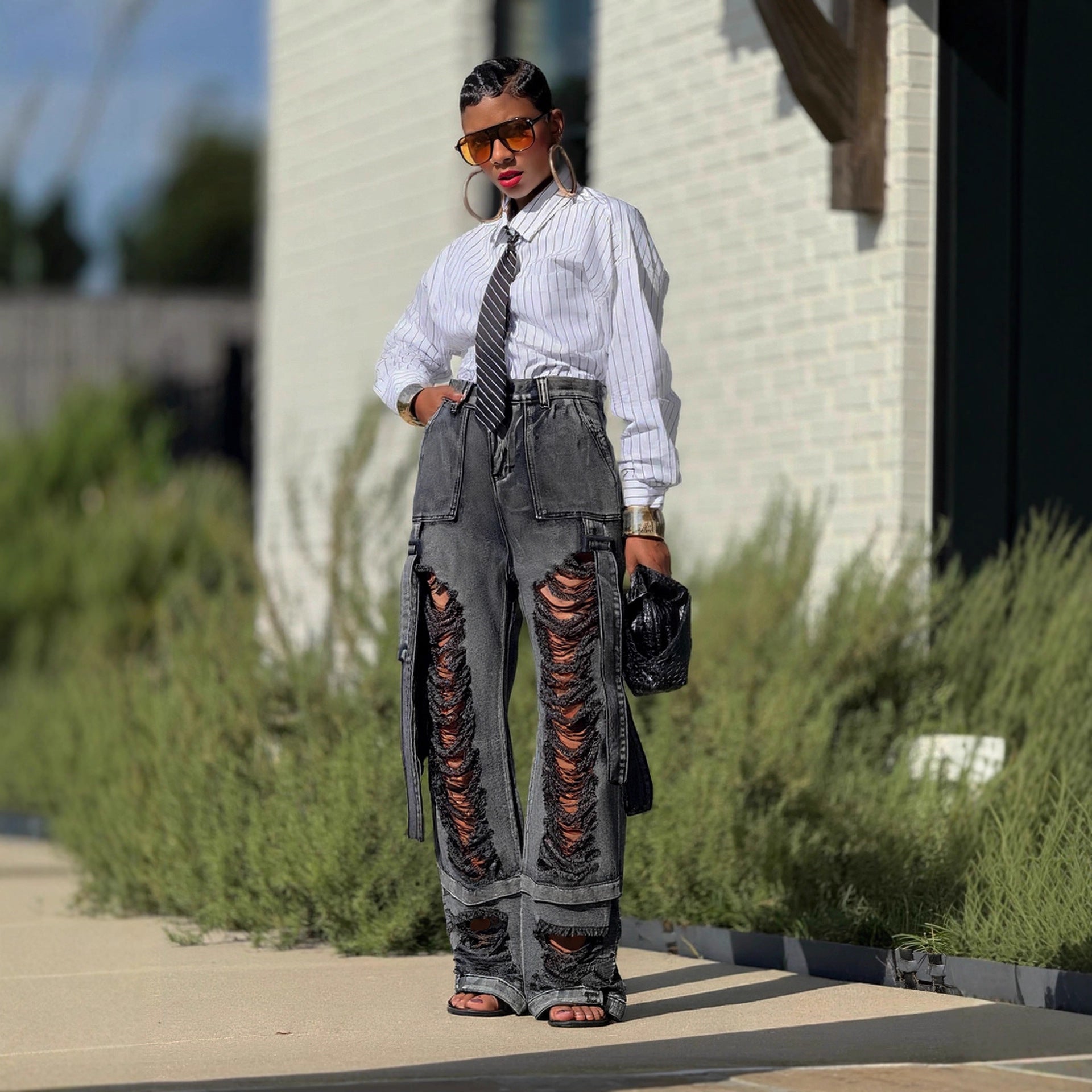 Black Ripped Tie Detail Cargo Denim Jeans Street Style