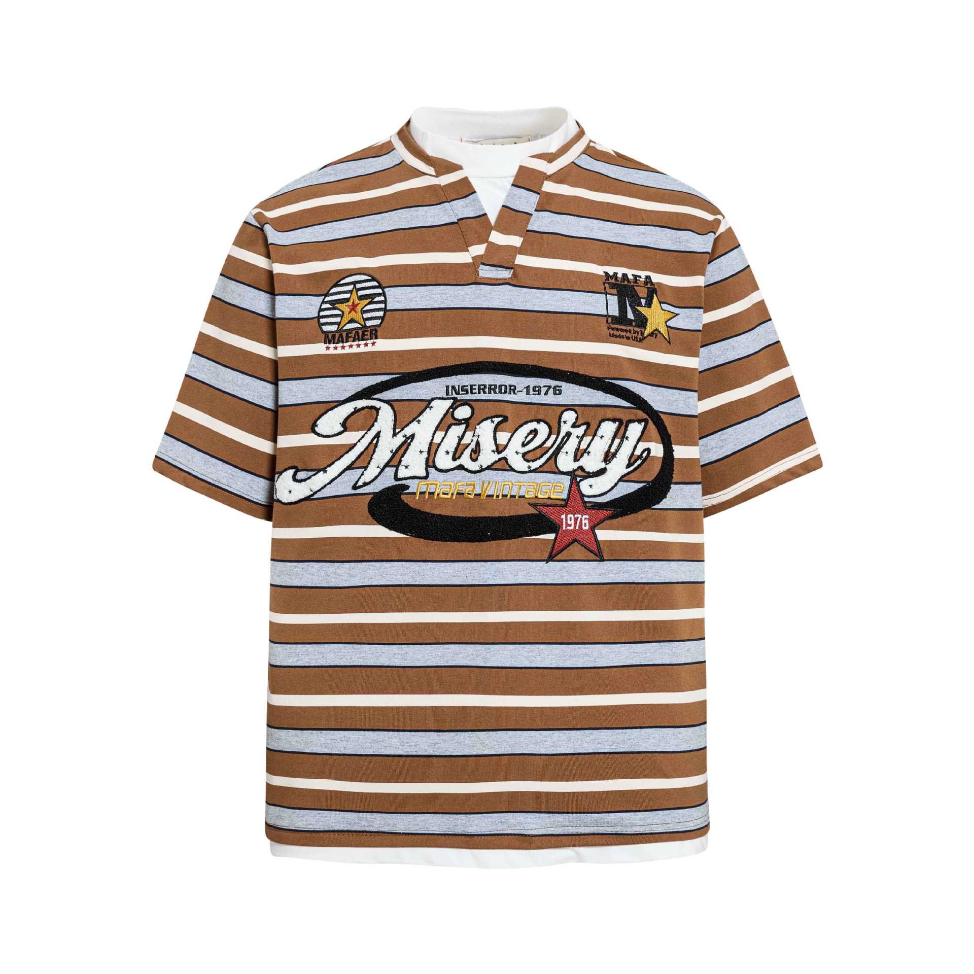 Brown Floral Embroidered Round Neck Short Sleeve Shirt