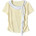 Polka Dot Round Neck Short Sleeve T Shirt Women Pleated Waist Cinching Top