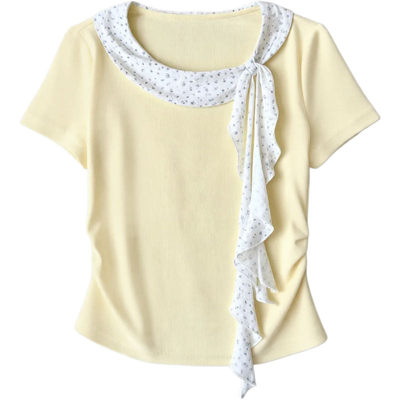 Polka Dot Round Neck Short Sleeve T Shirt Women Pleated Waist Cinching Top
