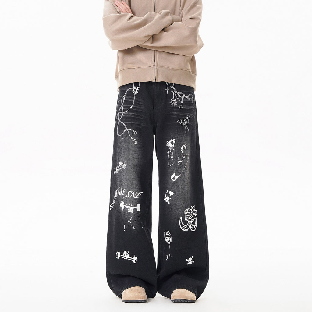 Vintage Graffiti Denim Pants With Loose Fit And Mid Rise Waist