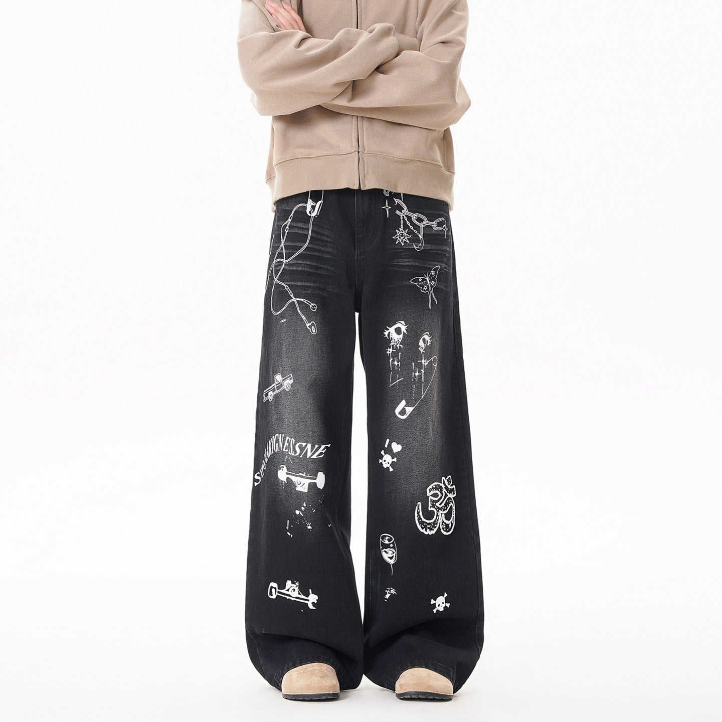 Vintage Graffiti Denim Pants With Loose Fit And Mid Rise Waist