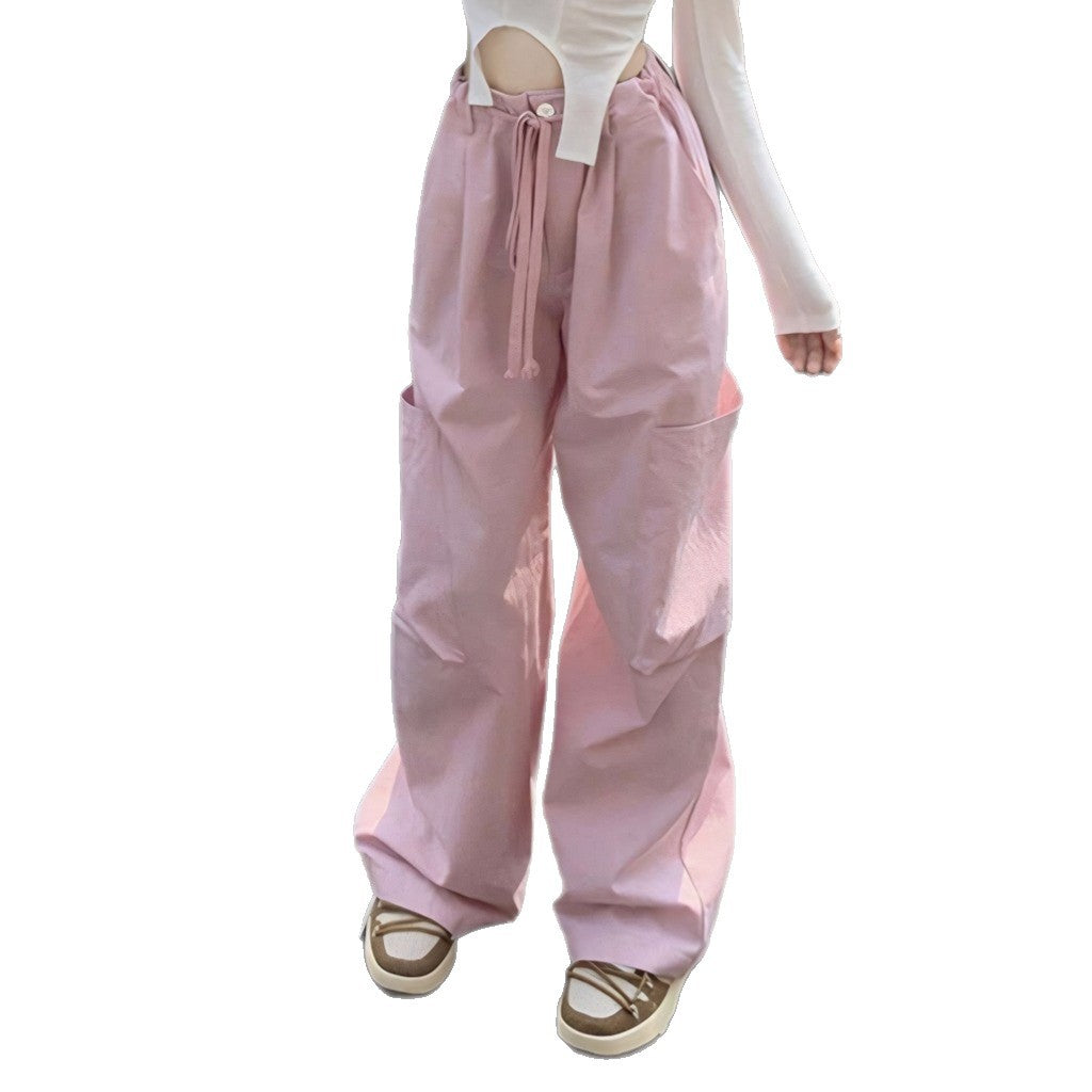 Pink High Waisted Lace Up Multi Pocket Straight Leg Pants Loose Fit