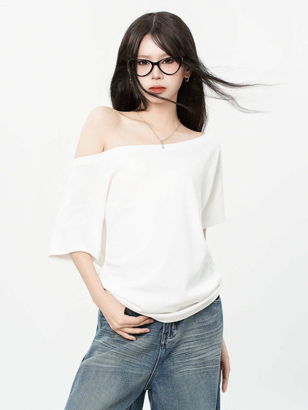 One Shoulder Asymmetrical Patchwork Top Cotton Short Sleeve Relaxed Fit