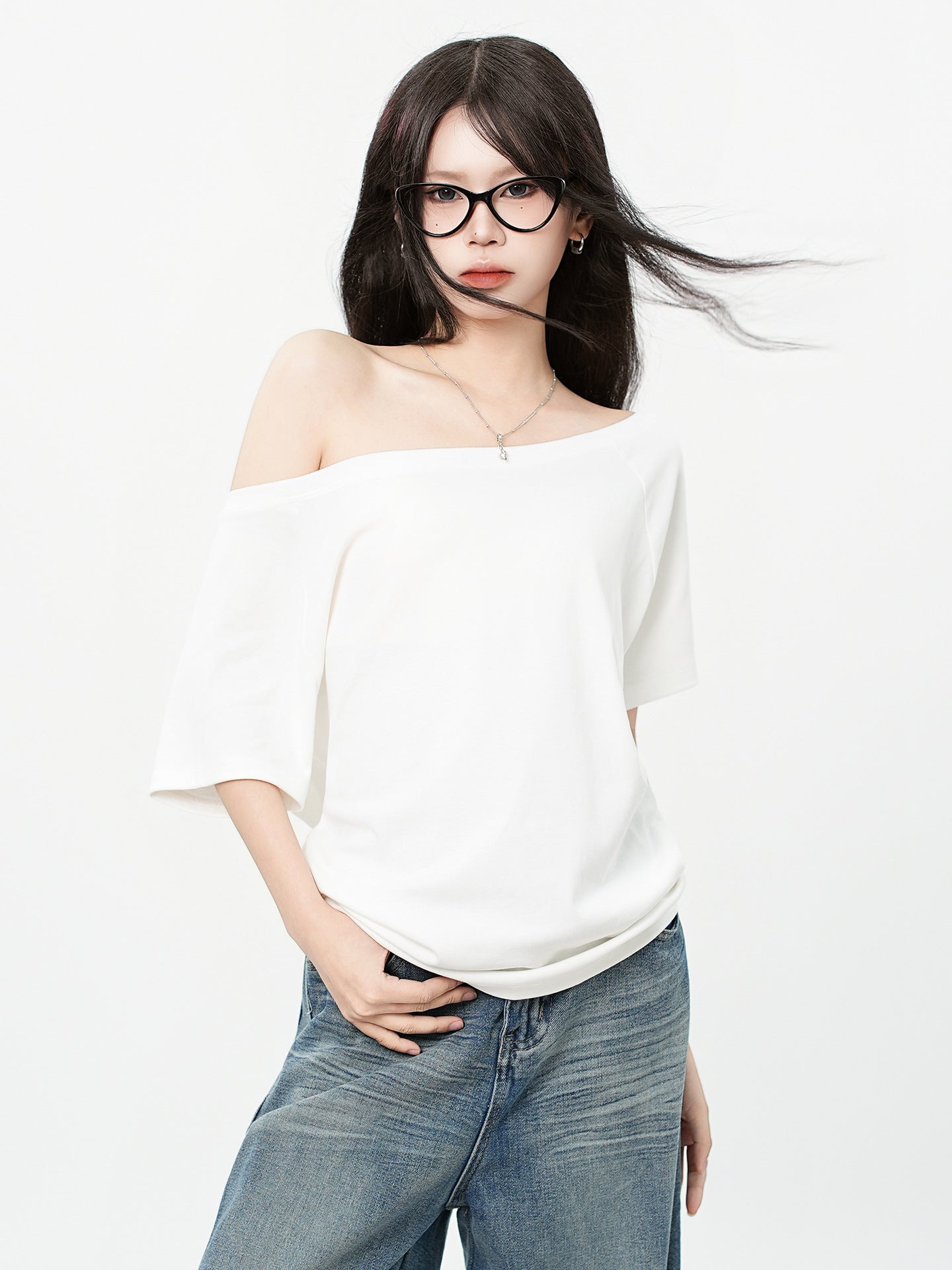 One Shoulder Asymmetrical Patchwork Top Cotton Short Sleeve Relaxed Fit
