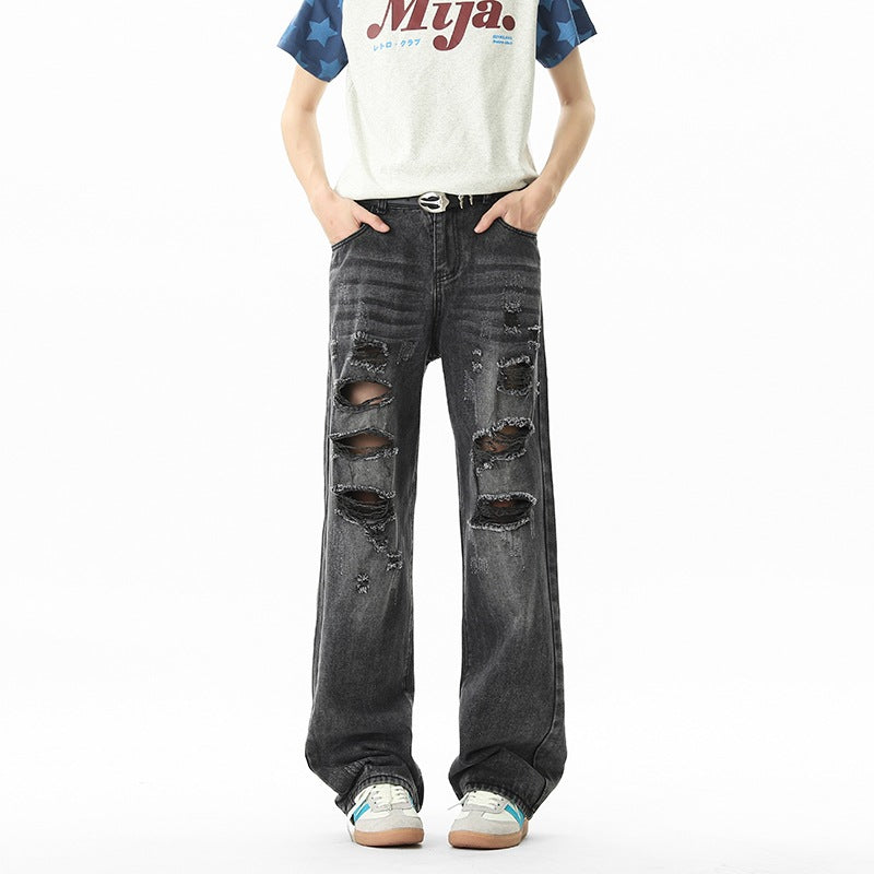 Mens Vintage Distressed Ripped Jeans Streetwear Cotton Loose Fit Long Pants