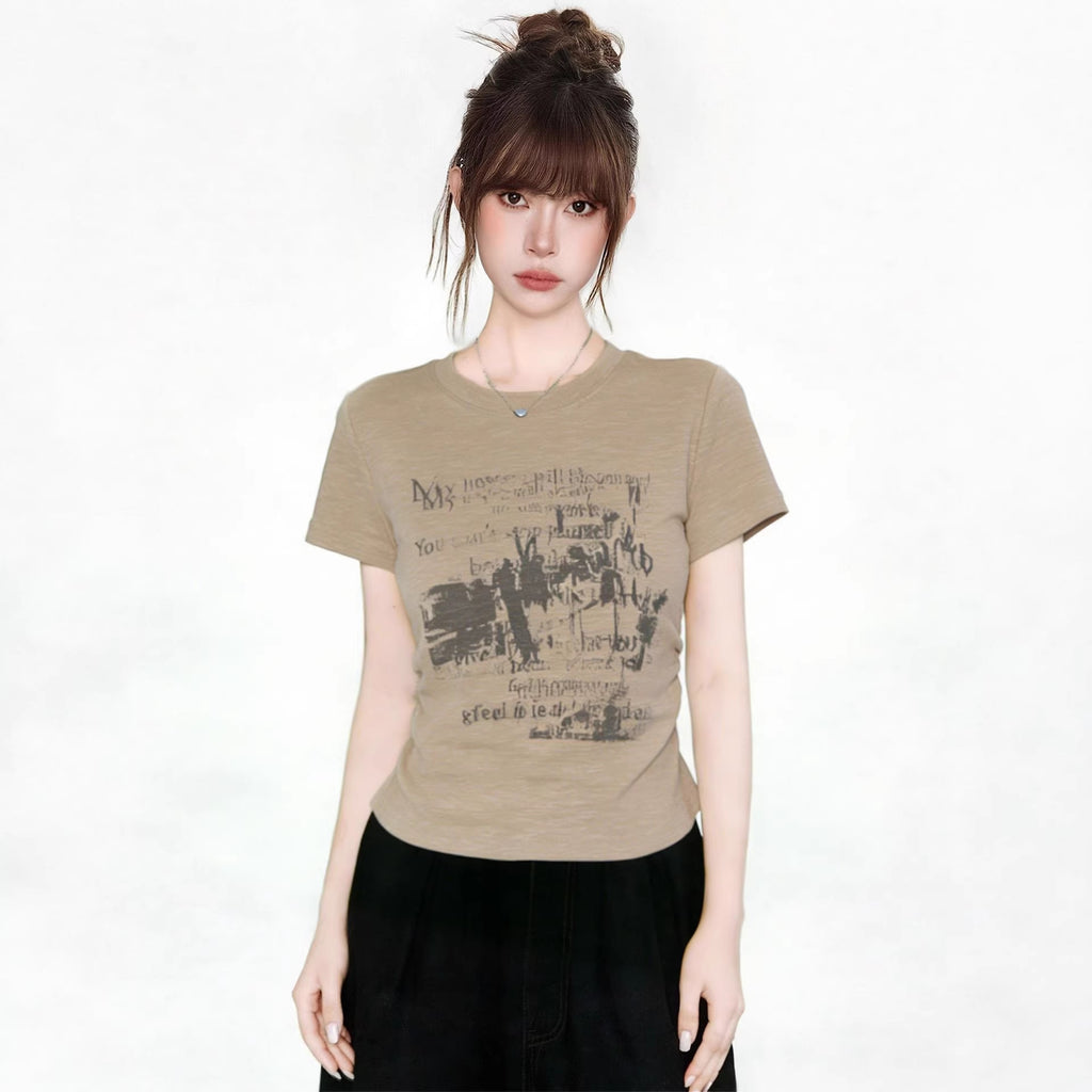 Khaki Round Neck Short Sleeve Printed T Shirt For Women With Gathered Waist