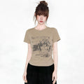 Khaki Round Neck Short Sleeve Printed T Shirt For Women With Gathered Waist