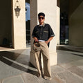 Leopard Print Patchwork Washed Denim Shirt With Polo Collar Half Sleeves