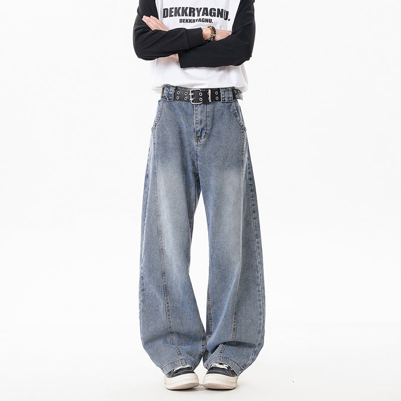 Retro Blue Patchwork Gradient Jeans with Knife Edge Hem High Waist Straight Leg