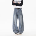 Retro Blue Patchwork Gradient Jeans with Knife Edge Hem High Waist Straight Leg