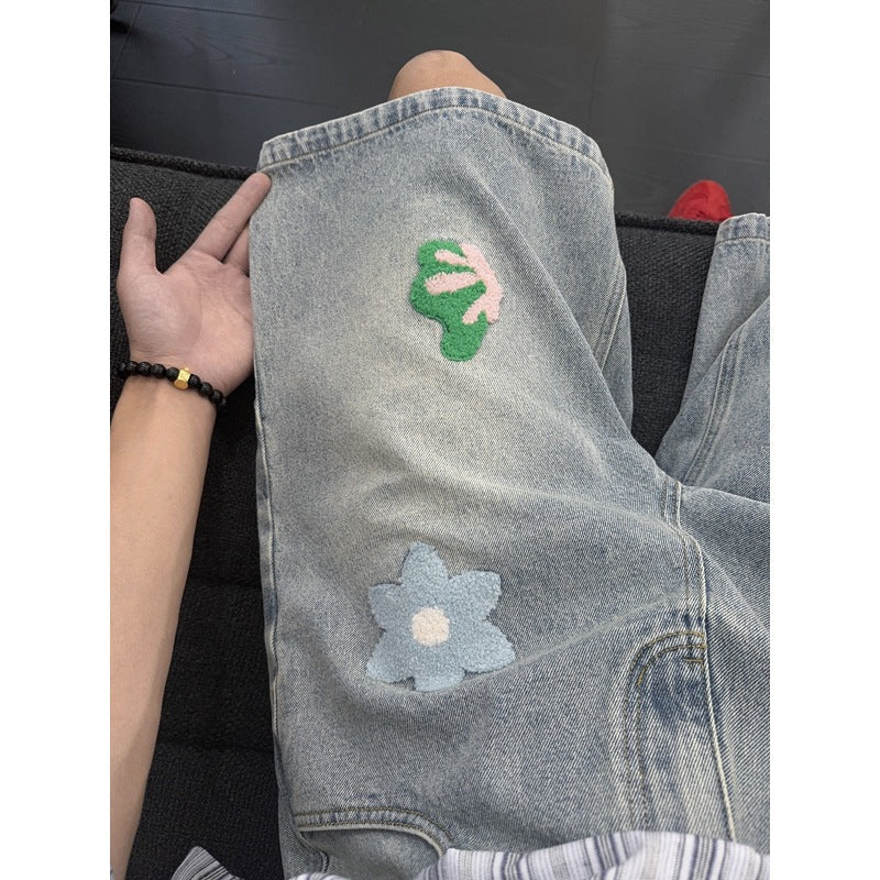 Floral Embroidery Denim Shorts for Men Vintage Black Blue