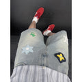 Floral Embroidery Denim Shorts for Men Vintage Black Blue