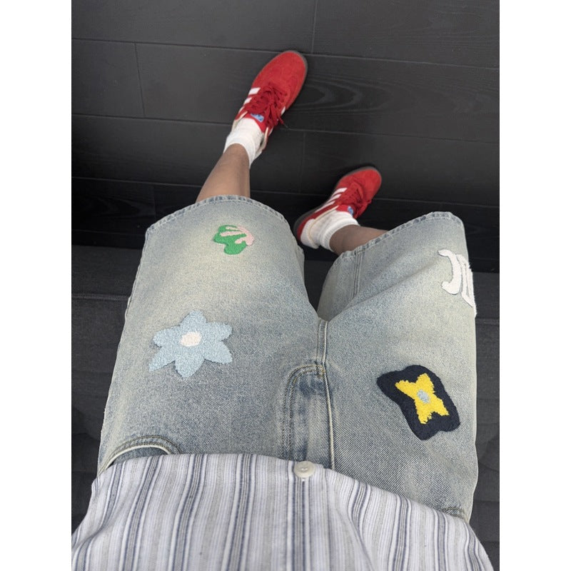 Floral Embroidery Denim Shorts for Men Vintage Black Blue