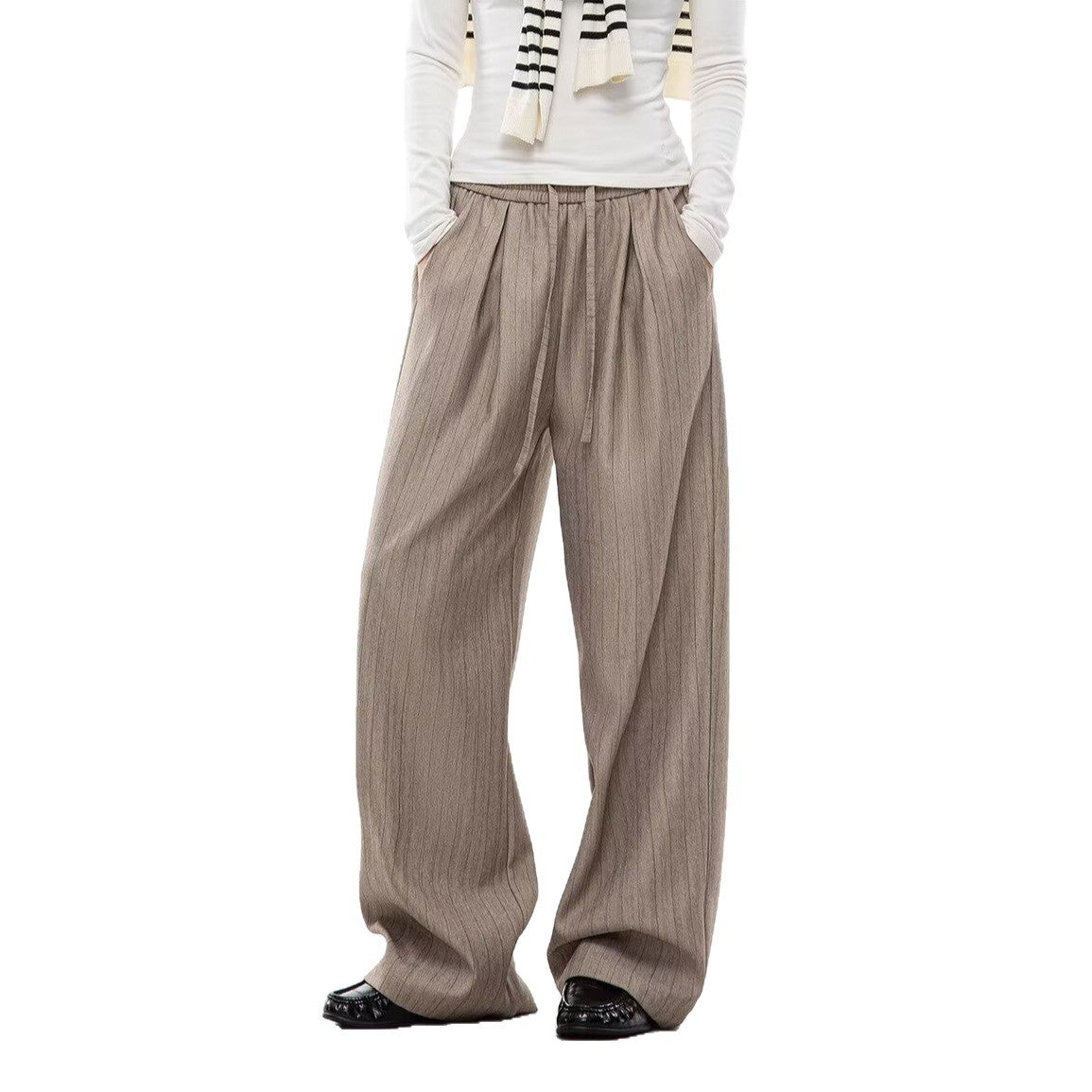 Unisex Wide Leg Striped Pants With Drawstring Waist Long Trousers