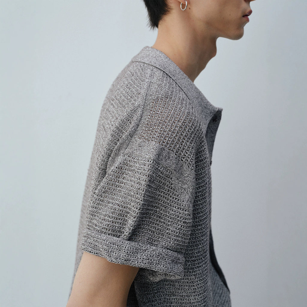 Mens Classic Knit Short Sleeve Shirt Hong Kong Style Dark Gray Loose Fit
