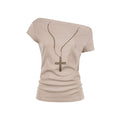 Shoulder Rhinestone Necklace Print Tee Women Slim Fit Short Sleeve Top
