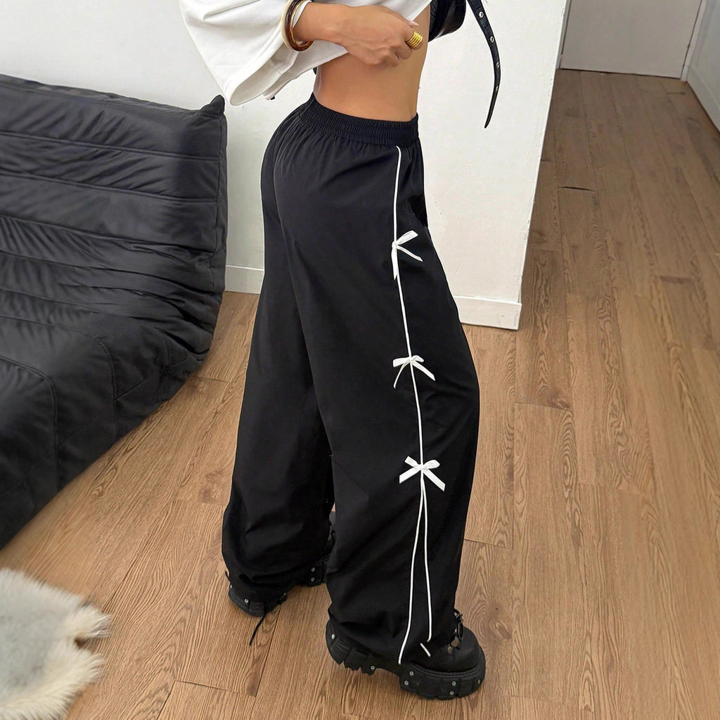Women Elastic Waist Straight Leg Pants Black Polyester Casual Wear