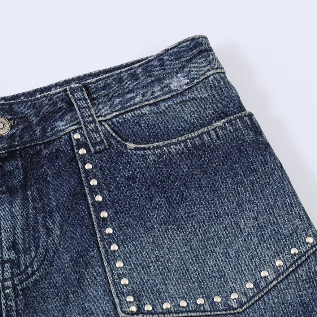 Navy Blue Denim Studded Shorts With Mid Low Waist For Casual Wear