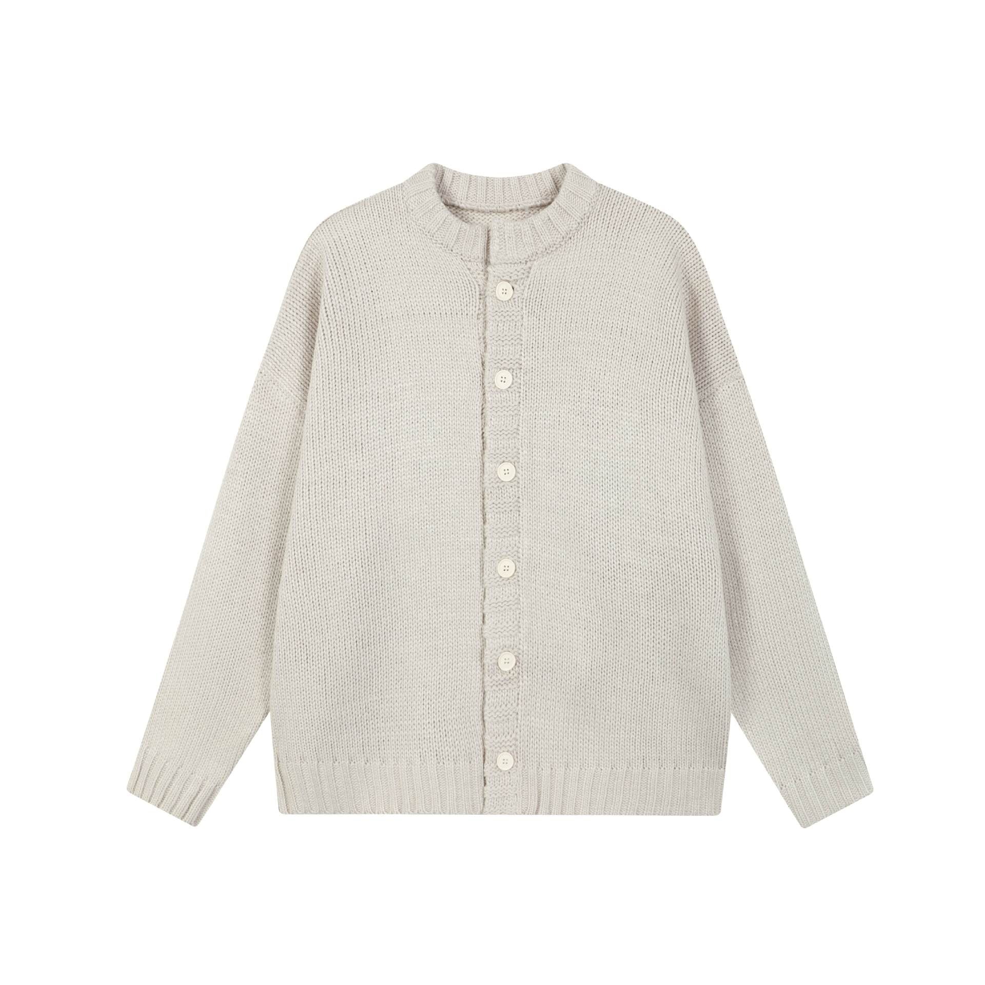 Street Style Versatile Knit Cardigan Light Gray Round Neck Long Sleeve