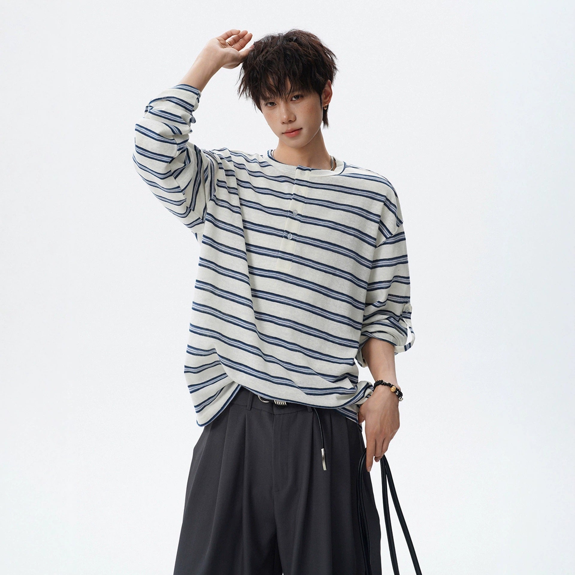 Black And White Stripe Henley Neck Long Sleeve Cotton T Shirt