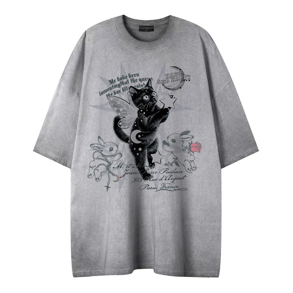 Mens Dreamy Black Cat Print Short Sleeve Cotton Shirt Casual Wear
