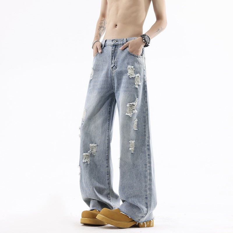 Street Style Ripped Denim Pants For Men Lightweight Straight Loose Fit
