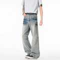 Cleanfit Light Blue Lightning Pattern Denim Pants Loose Fit Mid Waist Cotton