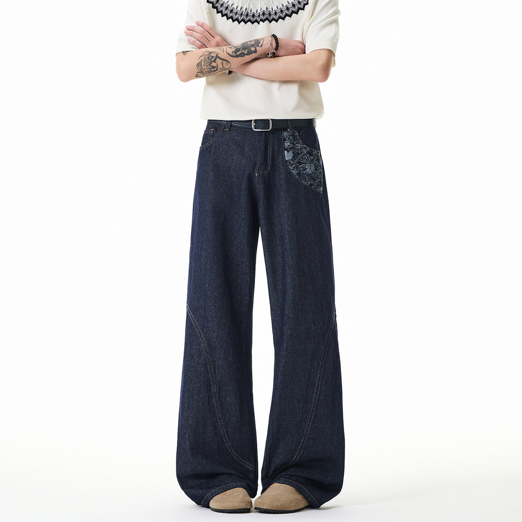 Mens Wide Leg Jeans Black Cotton Denim Streetwear Embroidered Loose Fit