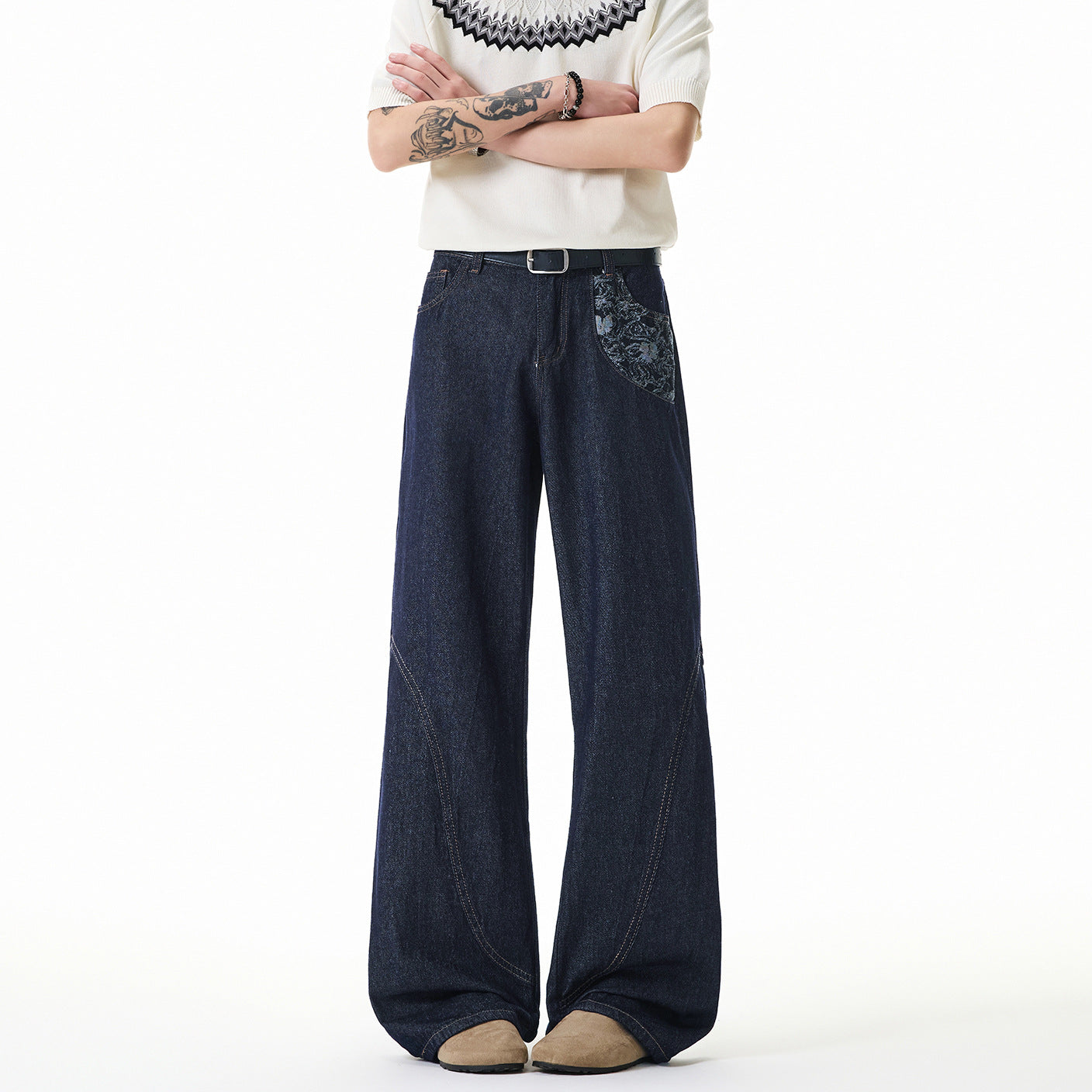 Mens Wide Leg Jeans Black Cotton Denim Streetwear Embroidered Loose Fit