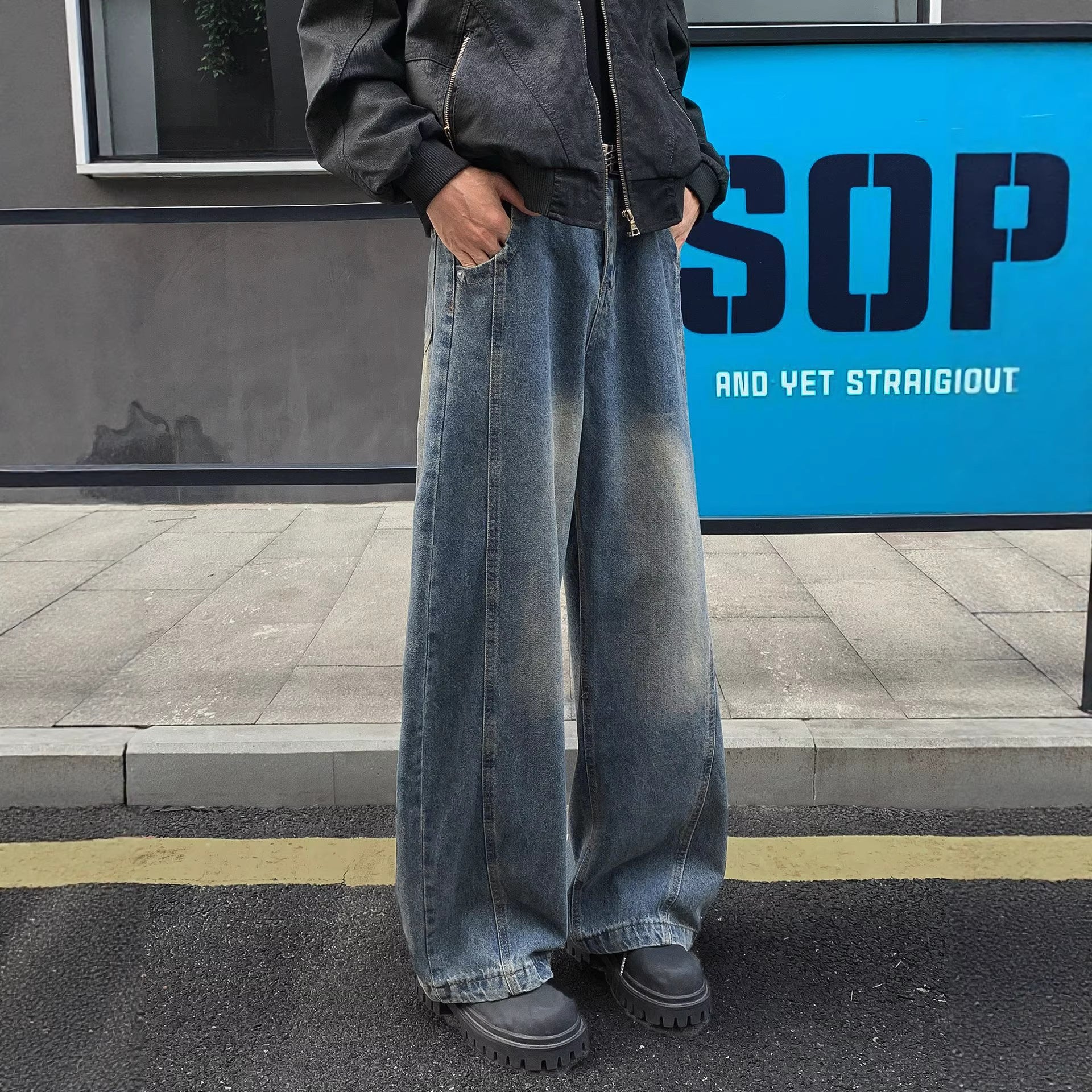 Vintage Blue Cutoff Denim Pants for Men With Straight Leg Mid Waist Zipper Fly