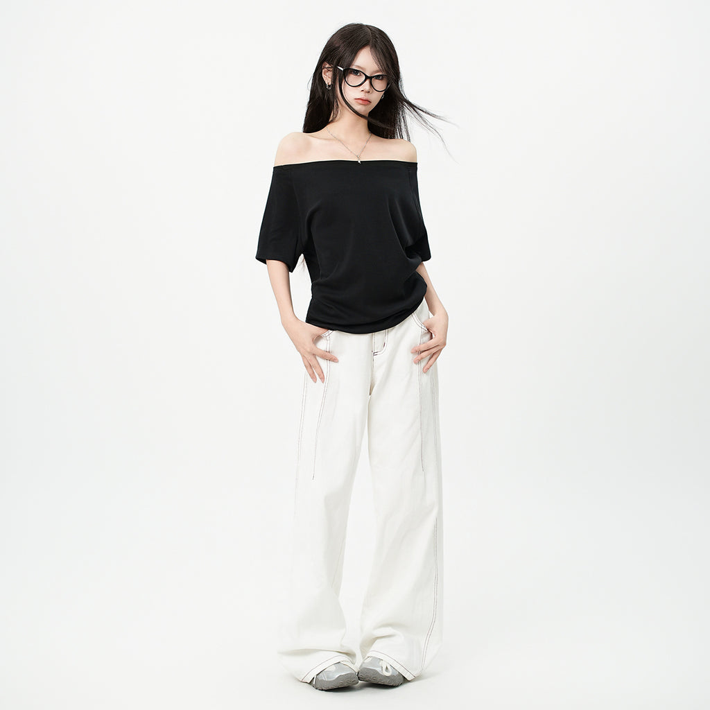One Shoulder Asymmetrical Patchwork Top Cotton Short Sleeve Relaxed Fit