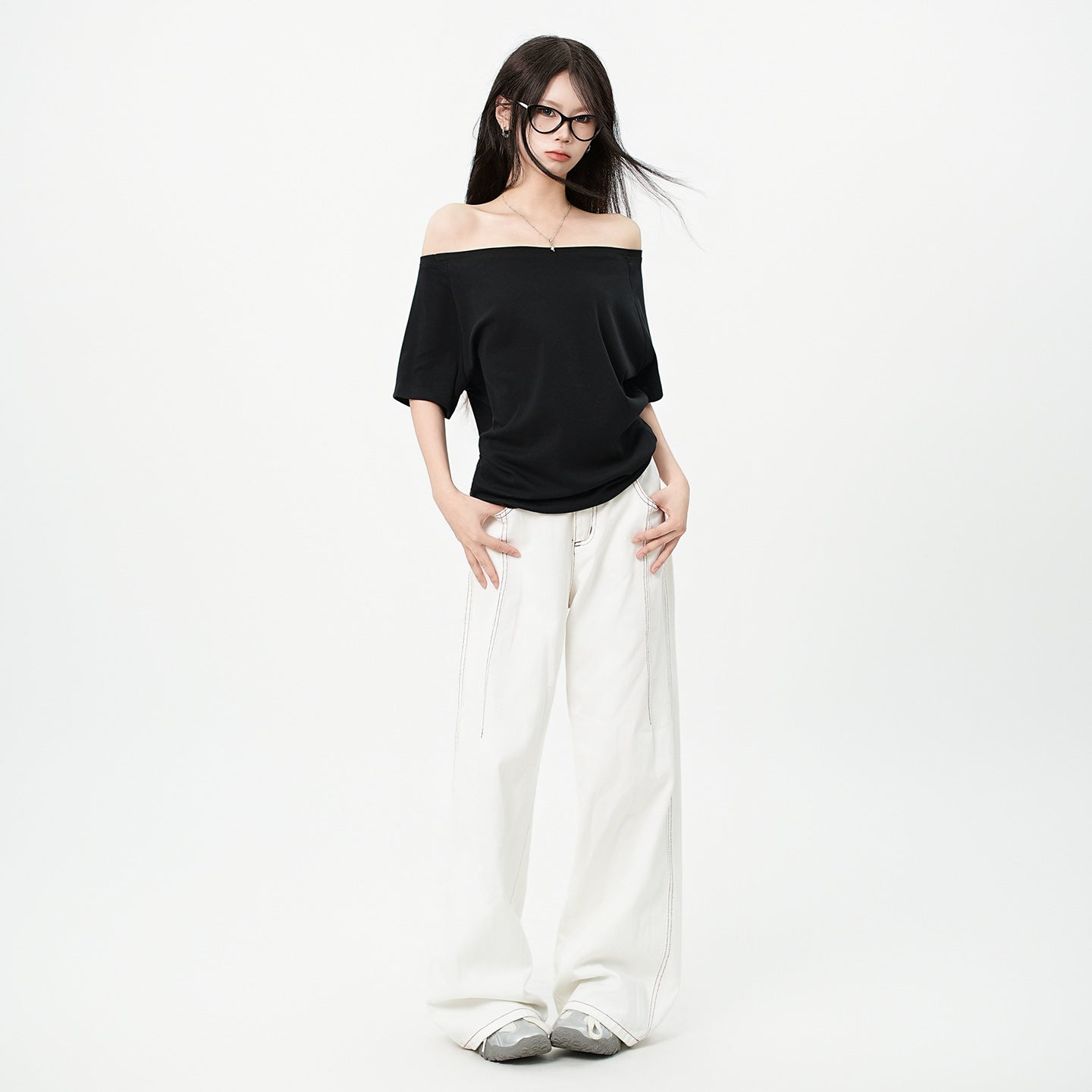 One Shoulder Asymmetrical Patchwork Top Cotton Short Sleeve Relaxed Fit