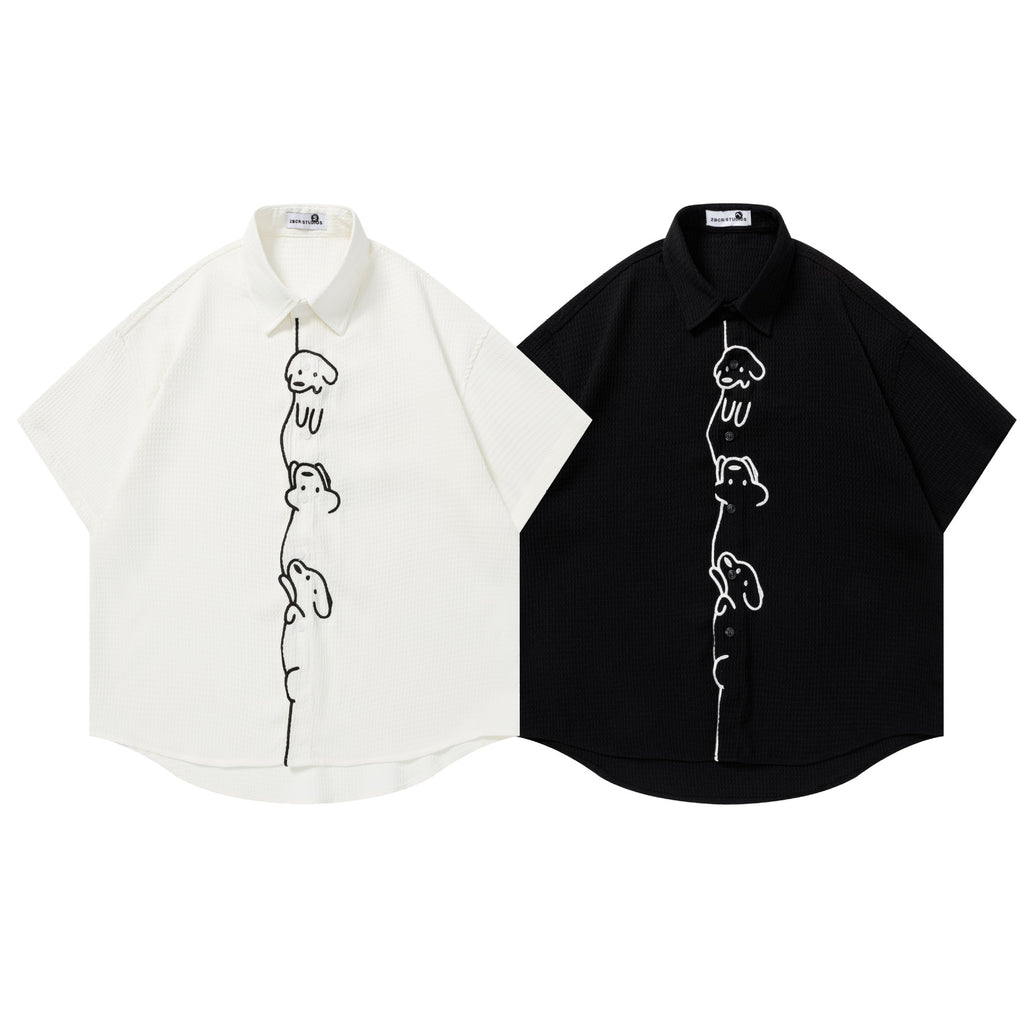 Cute Dog Embroidered Short Sleeve Shirt Cotton Blend National Trend Pattern