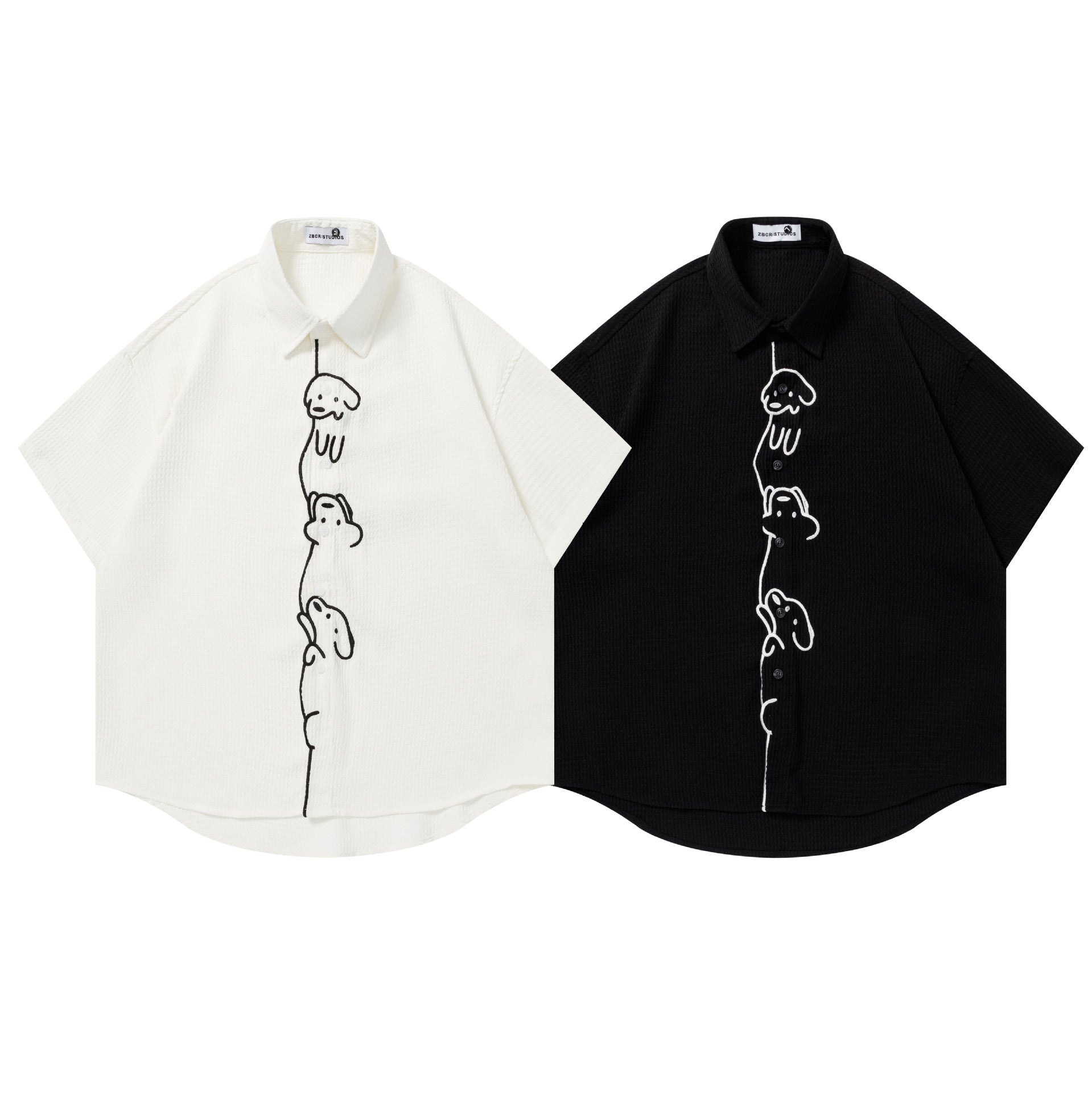 Cute Dog Embroidered Short Sleeve Shirt Cotton Blend National Trend Pattern