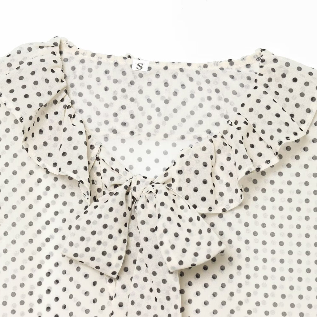 Polka Dot Bow Embellished Lace Collar Sleeveless Shirt for Women