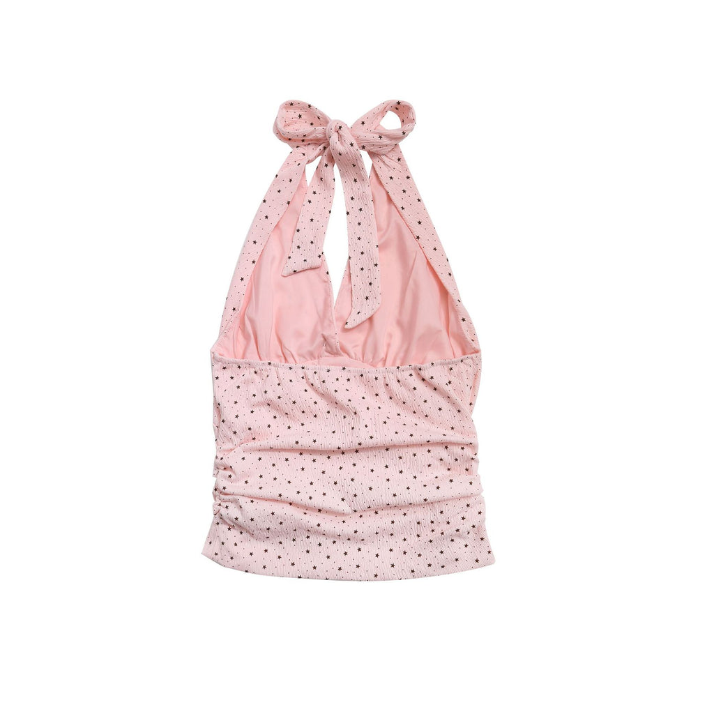 Star Print Halter Cropped Top Bowknot Pleated Waist Backless Blouse